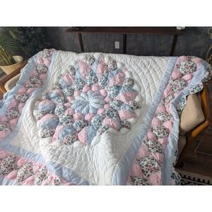 Shabby Chic Floral Green Pink Puffy Vintage Bedspread 84 X 96